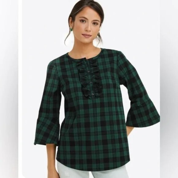 Draper James Plaid Blouse Green Tartan Ruffle Detail Womens size Small - Picture 11 of 11